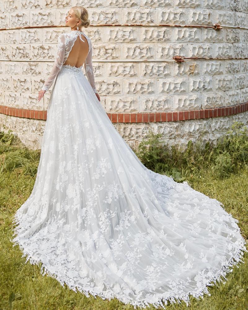 Lp2222 high neck long sleeve wedding dress with slit and low back2